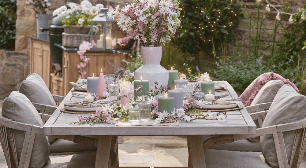 Al Fresco Spring Dining Lifestyle with TruGlow® Candles and Flowers By Lights4fun